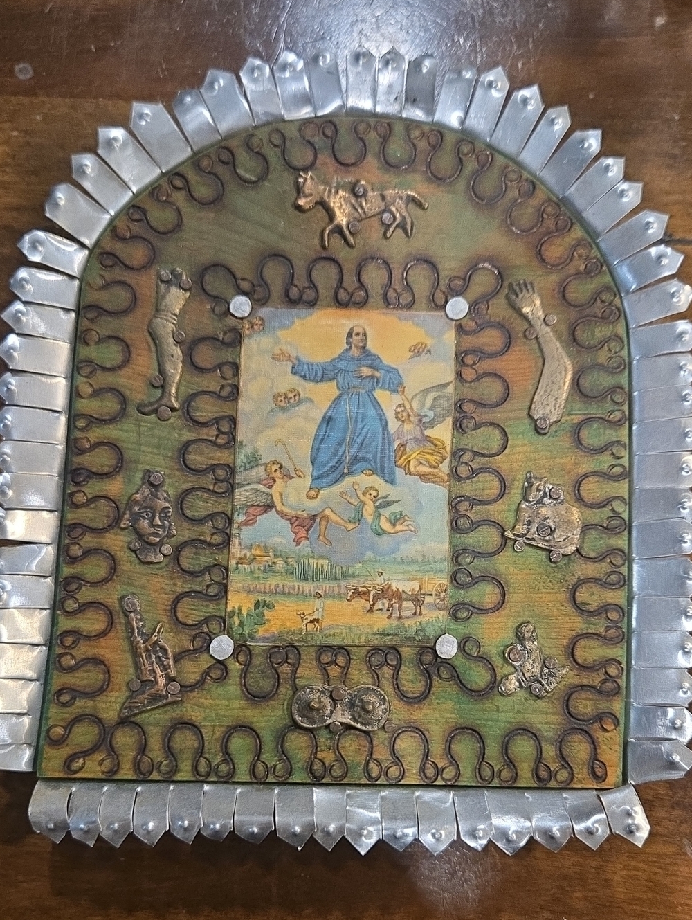 Vintage Mexican Folk Art Devotional Shrine With Blessed Sebastian Aparicio Pic